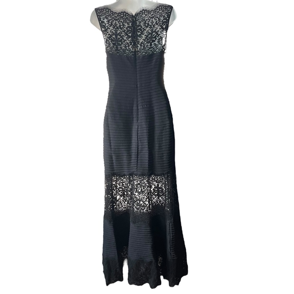 Tadashi Shoji Black Embroidered Illusion Lace Pintuck Jersey Dress Formal Gown - Picture 4 of 14